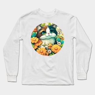 Happy Cute Cat In Flowers - Floral kitty - Cat Filled With Flowers Long Sleeve T-Shirt